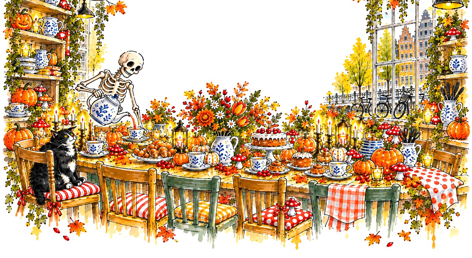 Halloween bij Blond: een skelet schenkt thee aan een gedekte tafel